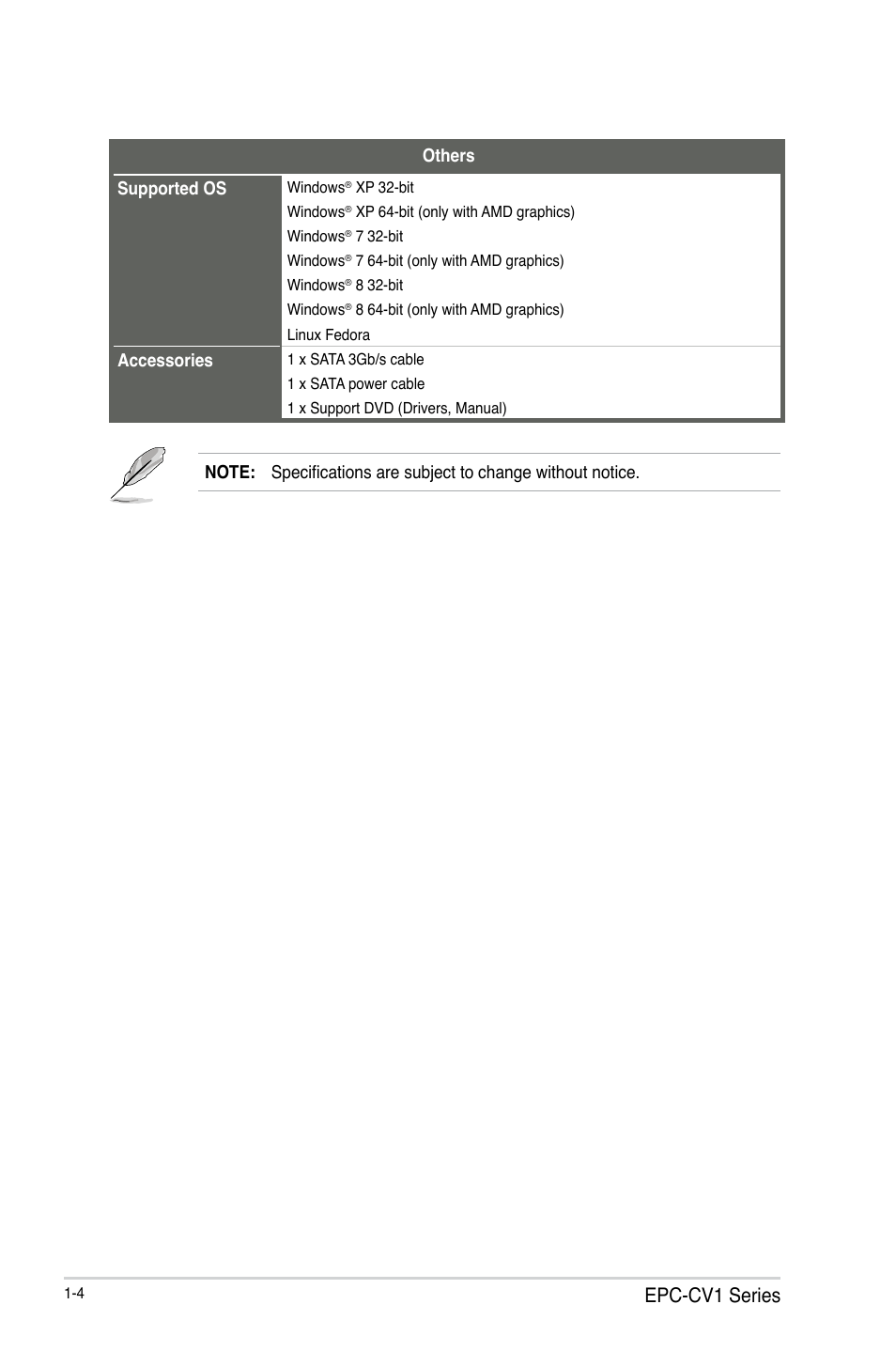 Epc-cv1 series, Others supported os, Accessories | AAEON EPIC-CV01 Series User Manual | Page 8 / 44