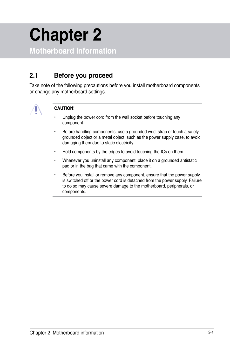Chapter 2: motherboard information, 1 before you proceed, Motherboard information | Before you proceed -1, Chapter 2 | AAEON EPIC-CV01 Series User Manual | Page 9 / 44