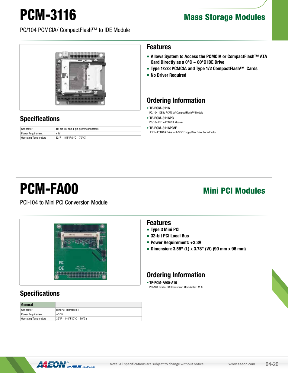 AAEON PCM-3116 User Manual | 1 page