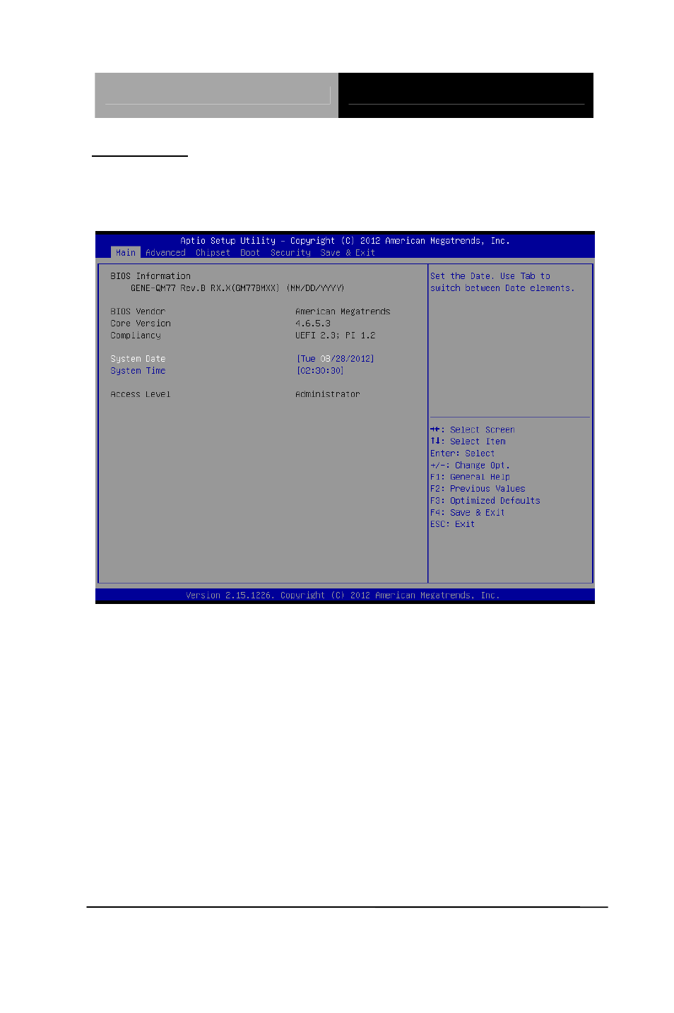 Setup menu, Setup submenu: main | AAEON GENE-QM77 Rev.B User Manual | Page 65 / 157