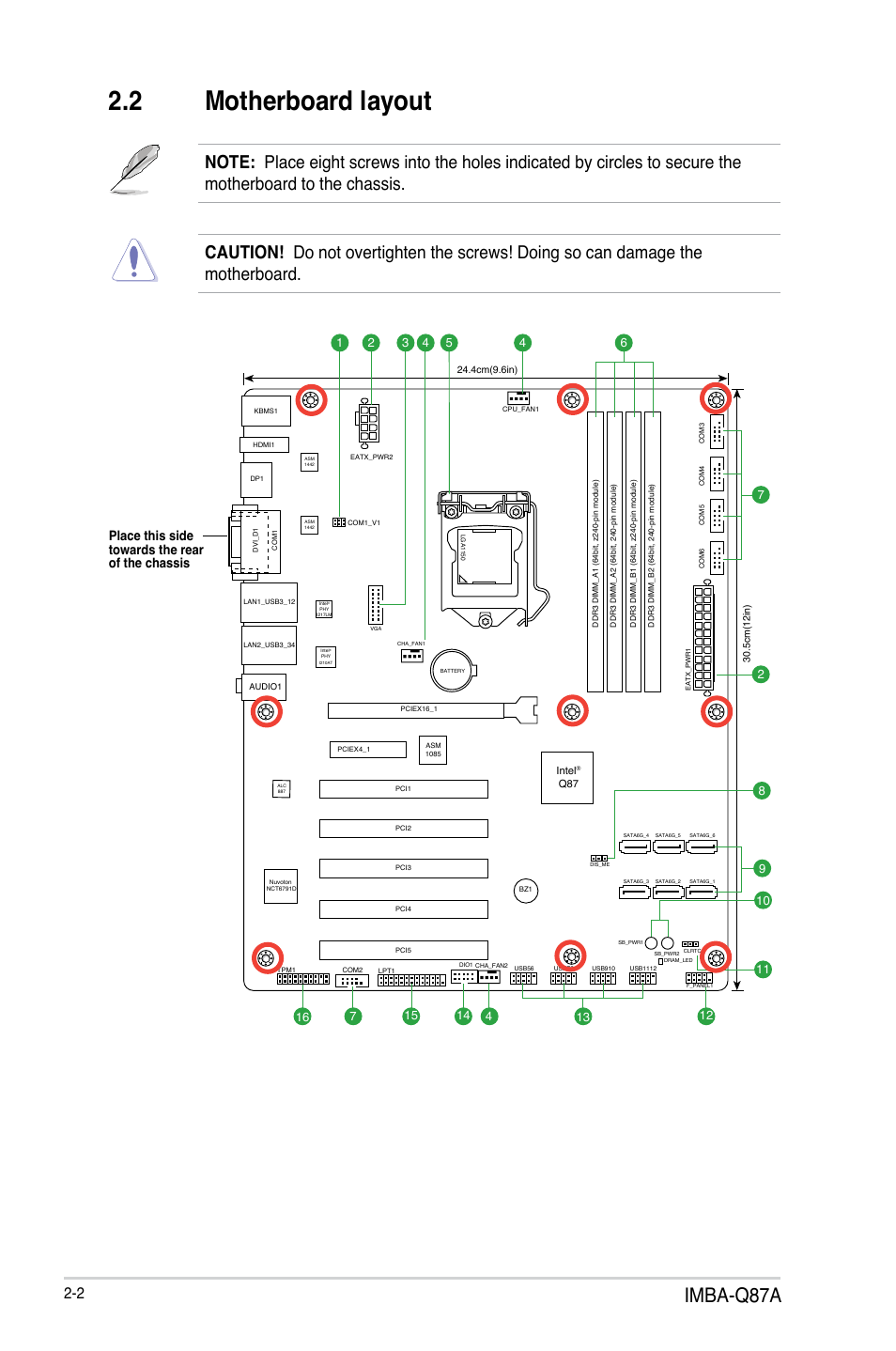 2 motherboard layout, Motherboard layout -2, Imba-q87a | Place this side towards the rear of the chassis | AAEON IMBA-Q87A User Manual | Page 10 / 52