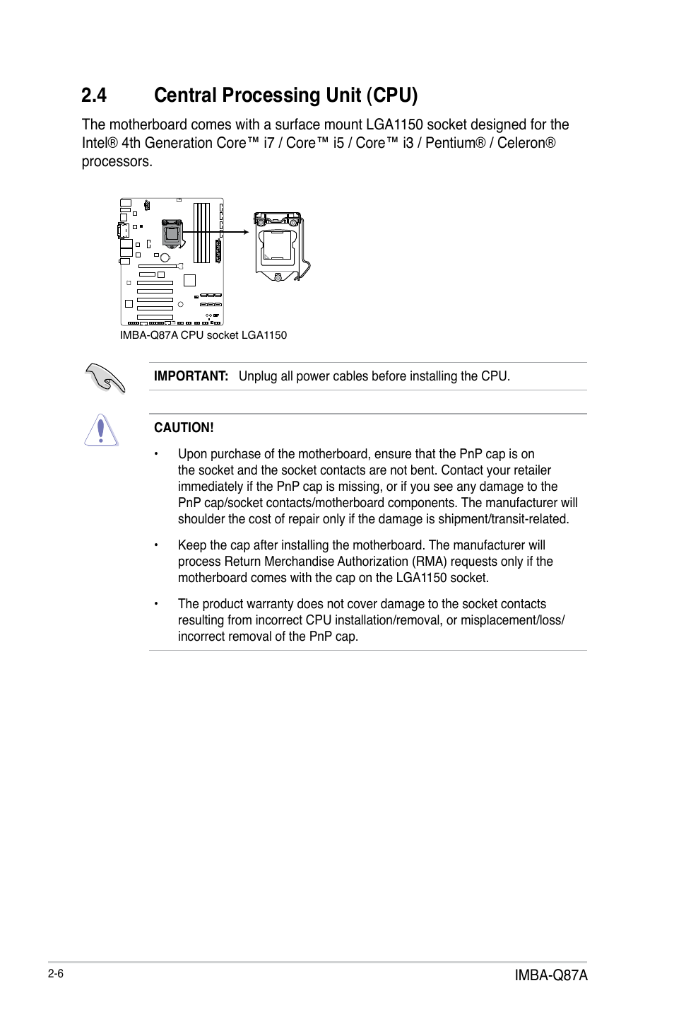 4 central processing unit (cpu), Central processing unit (cpu) -6 | AAEON IMBA-Q87A User Manual | Page 14 / 52