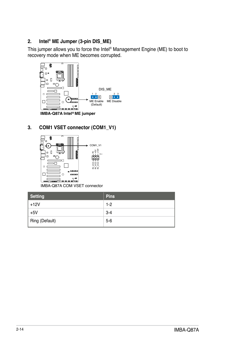 Imba-q87a, Intel, Com1 vset connector (com1_v1) | AAEON IMBA-Q87A User Manual | Page 22 / 52