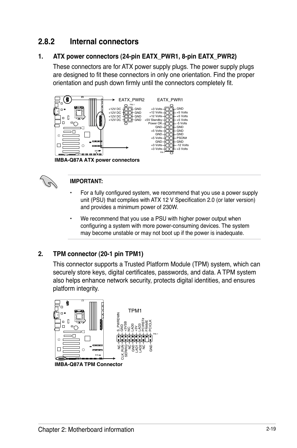 2 internal connectors, Internal connectors -19, Chapter 2: motherboard information | AAEON IMBA-Q87A User Manual | Page 27 / 52