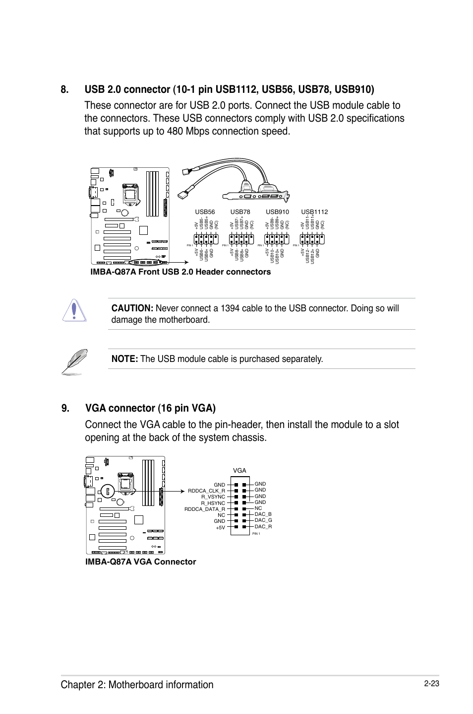 Imba-q87a front usb 2.0 header connectors, Imba-q87a vga connector | AAEON IMBA-Q87A User Manual | Page 31 / 52