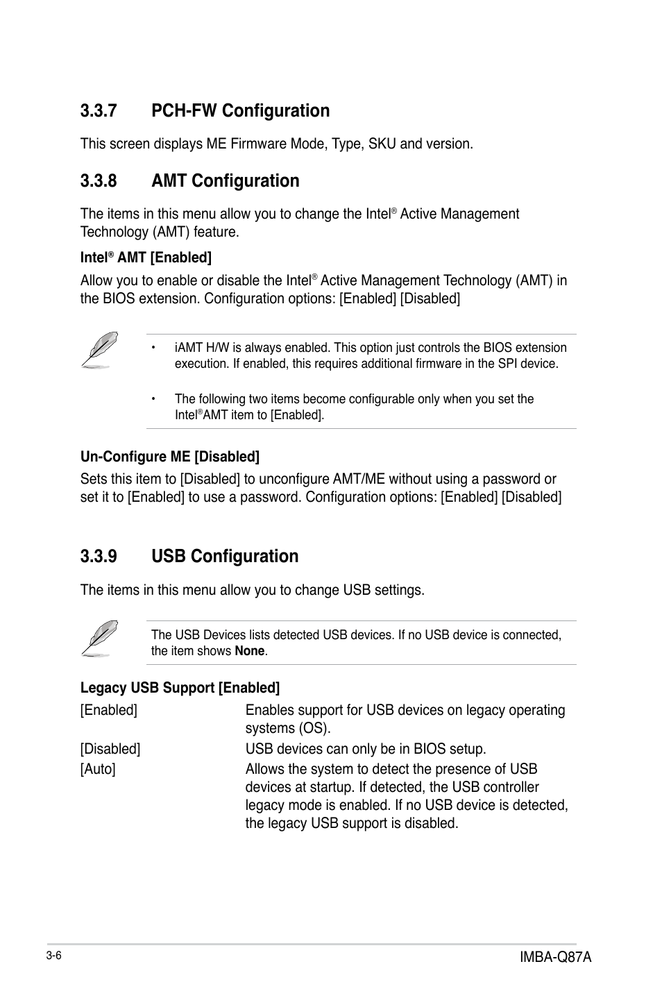 7 pch-fw configuration, 8 amt configuration, 9 usb configuration | Pch-fw configuration -6, Amt configuration -6, Usb configuration -6 | AAEON IMBA-Q87A User Manual | Page 38 / 52