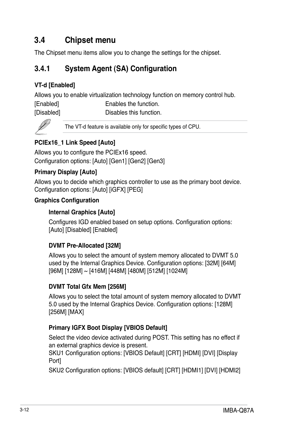 4 chipset menu, 1 system agent (sa) configuration, Chipset menu -12 3.4.1 | System agent (sa) configuration -12 | AAEON IMBA-Q87A User Manual | Page 44 / 52