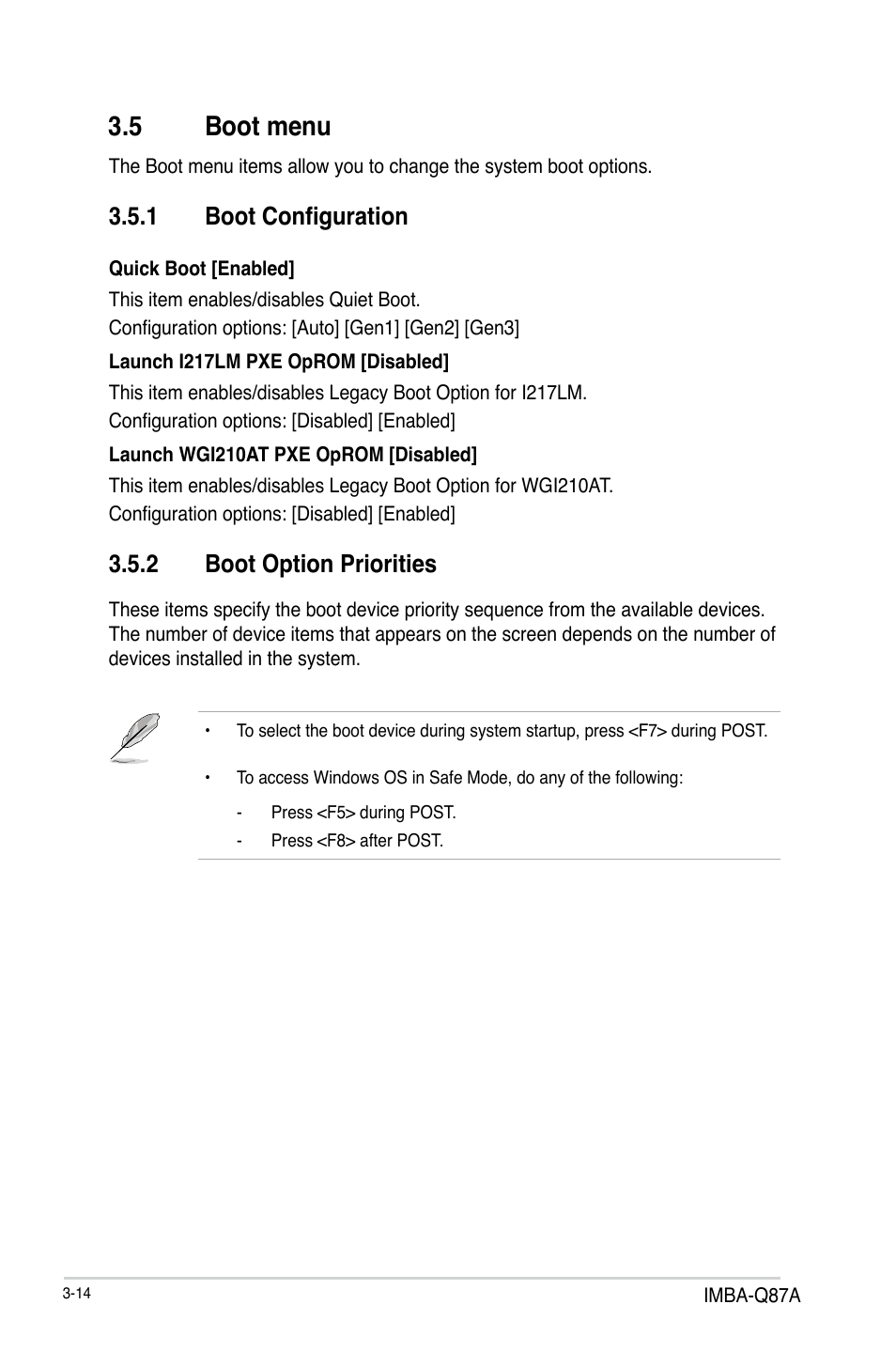5 boot menu, 1 boot configuration, 2 boot option priorities | Boot menu -14 3.5.1, Boot configuration -14, Boot option priorities -14 | AAEON IMBA-Q87A User Manual | Page 46 / 52