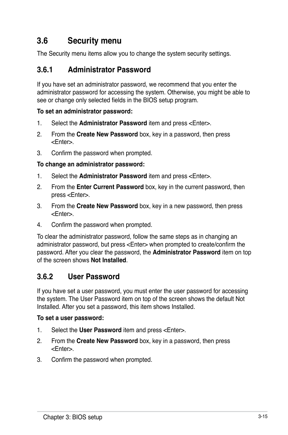 6 security menu, 1 administrator password, 2 user password | Security menu -15 3.6.1, Administrator password -15, User password -15 | AAEON IMBA-Q87A User Manual | Page 47 / 52