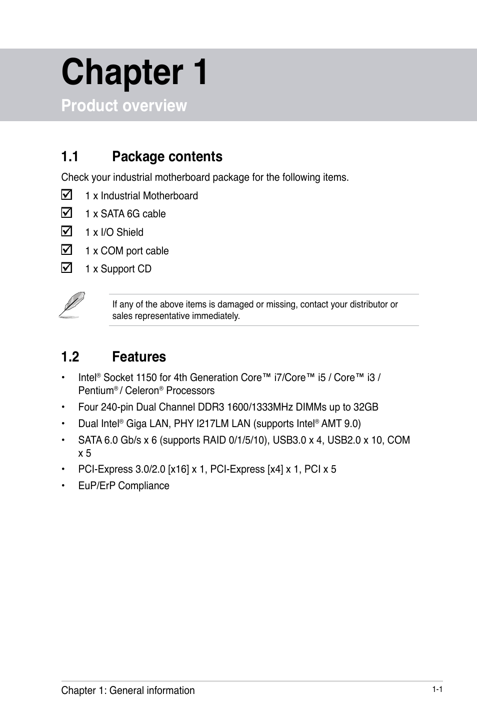 Chapter 1, Product overview, 1 package contents | 2 features, Package contents -1, Features -1 | AAEON IMBA-Q87A User Manual | Page 5 / 52