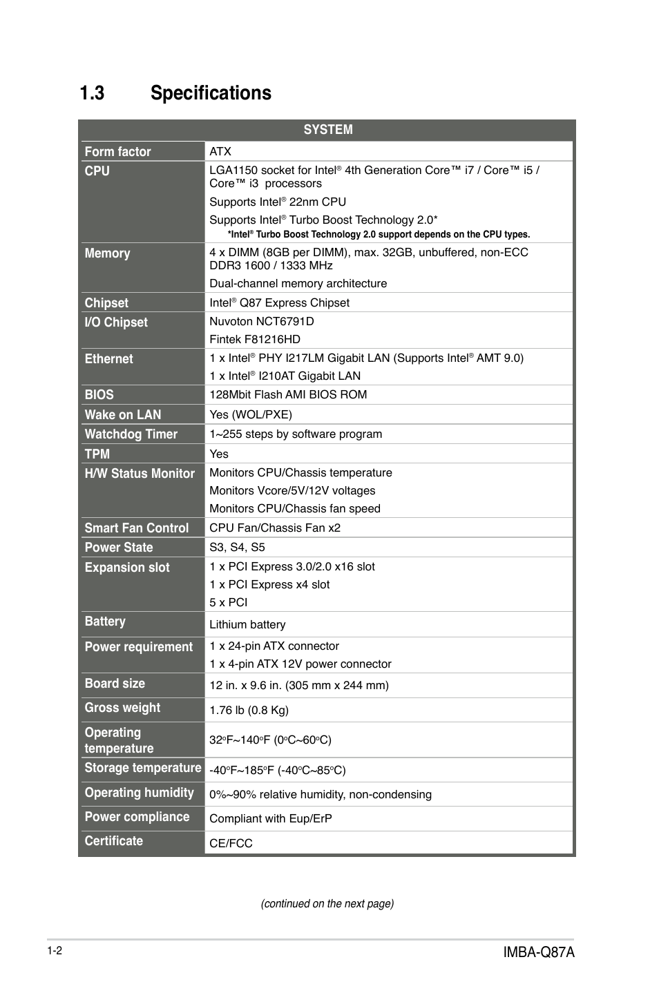 3 specifications, Specifications -2, Imba-q87a | AAEON IMBA-Q87A User Manual | Page 6 / 52