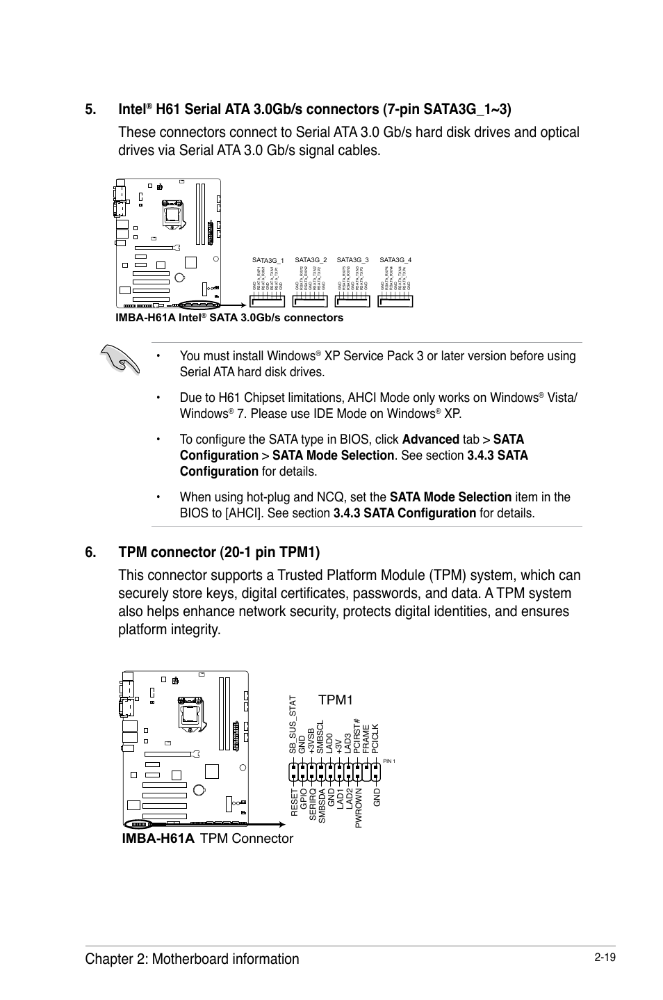 Chapter 2: motherboard information 5. intel, You must install windows, Vista/ windows | Please use ide mode on windows, Tpm1, Imba-h61a tpm connector | AAEON IMBA-H61A User Manual | Page 27 / 50