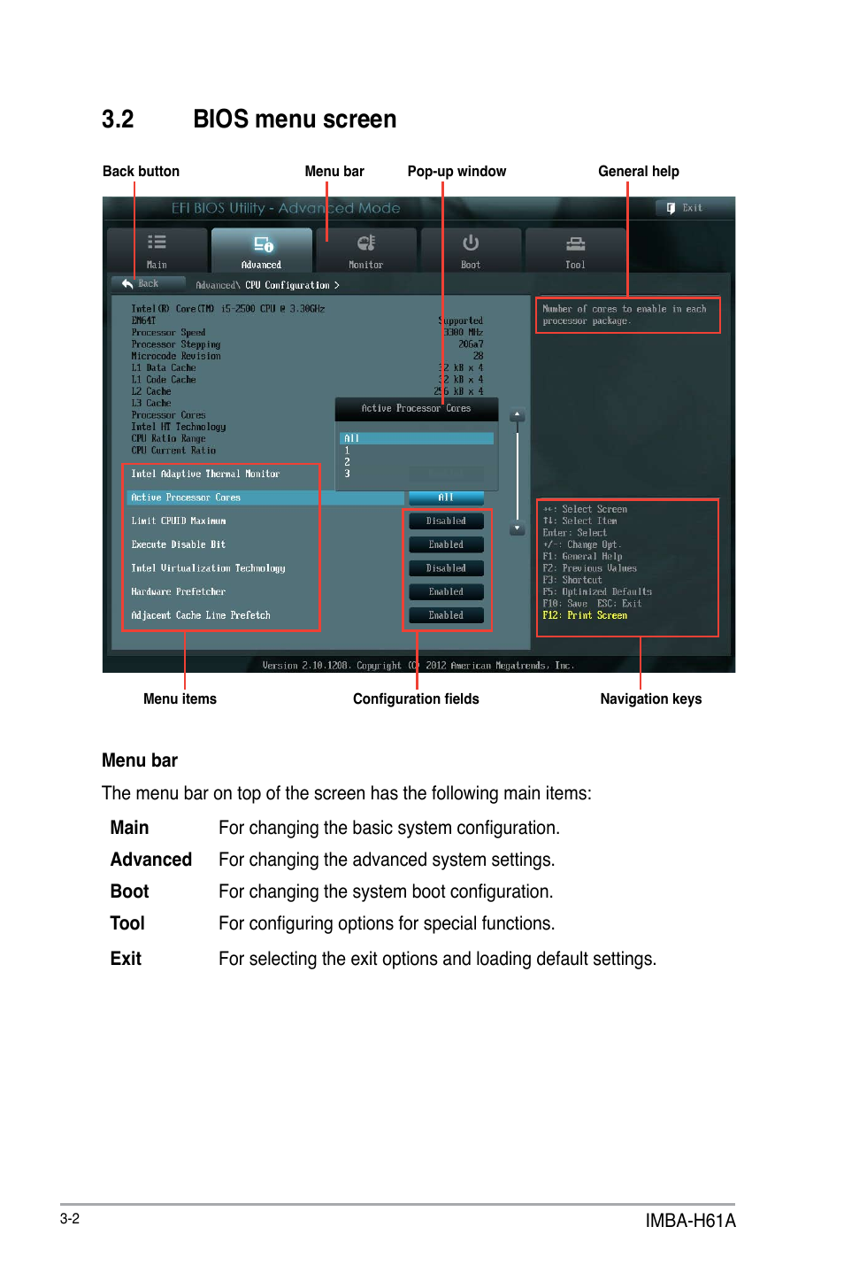 2 bios menu screen | AAEON IMBA-H61A User Manual | Page 32 / 50
