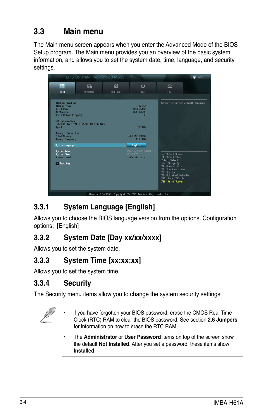 3 main menu, 1 system language [english, 3 system time [xx:xx:xx | 4 security | AAEON IMBA-H61A User Manual | Page 34 / 50