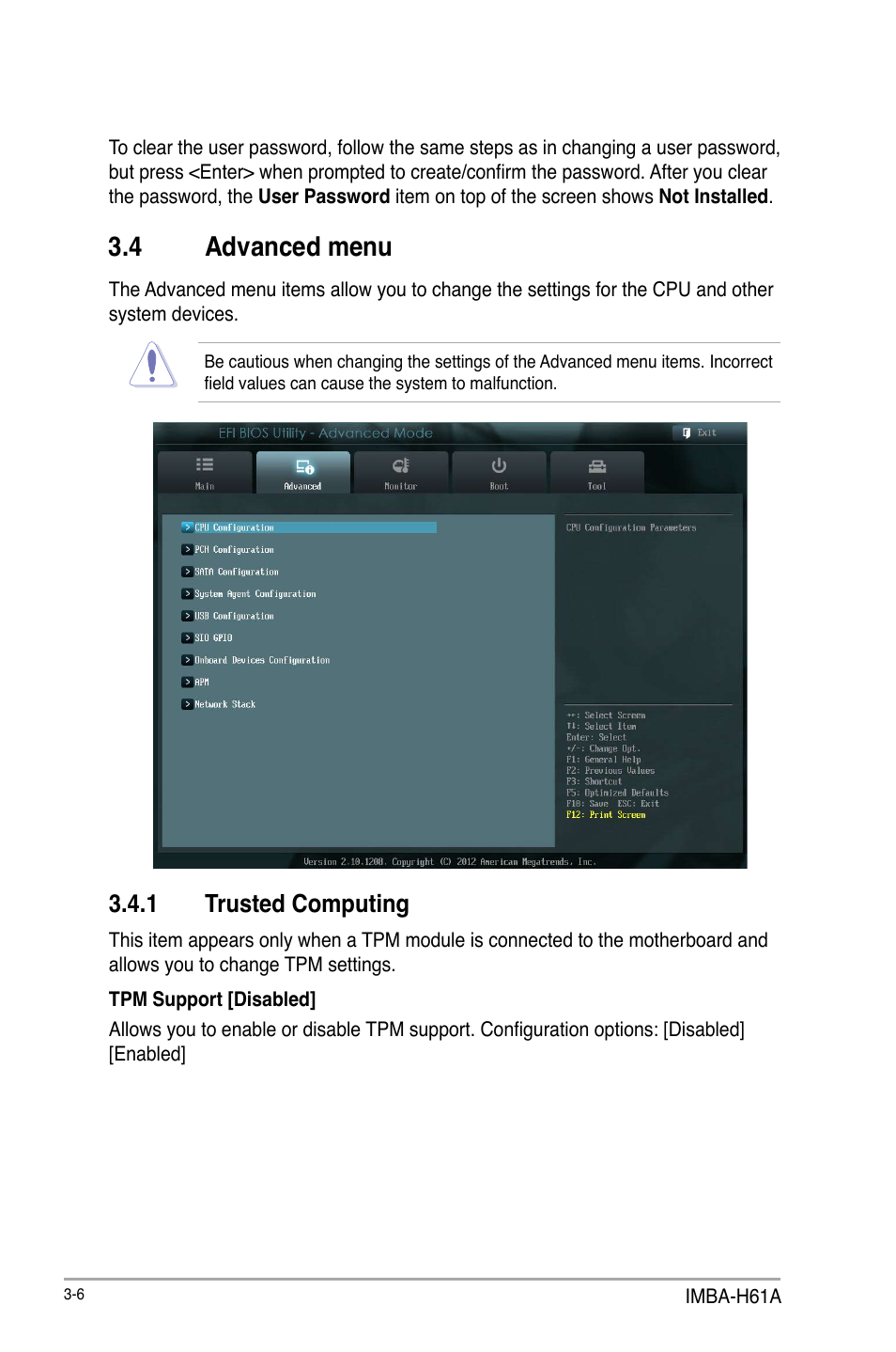 4 advanced menu, 1 trusted computing | AAEON IMBA-H61A User Manual | Page 36 / 50