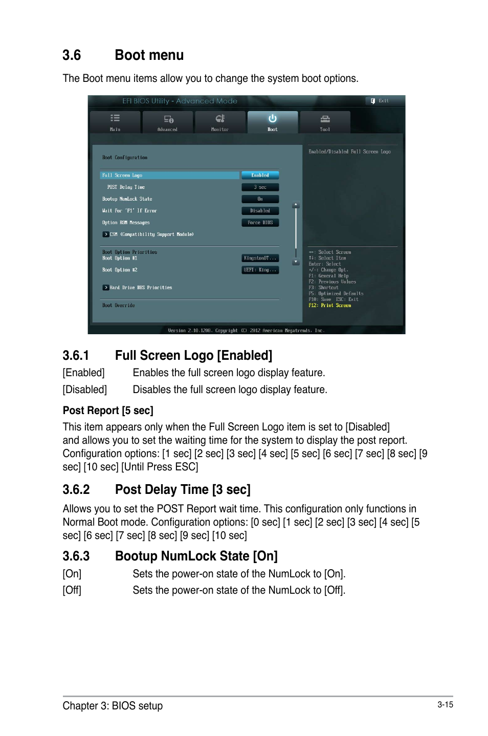 6 boot menu, 1 full screen logo [enabled, 2 post delay time [3 sec | 3 bootup numlock state [on | AAEON IMBA-H61A User Manual | Page 45 / 50