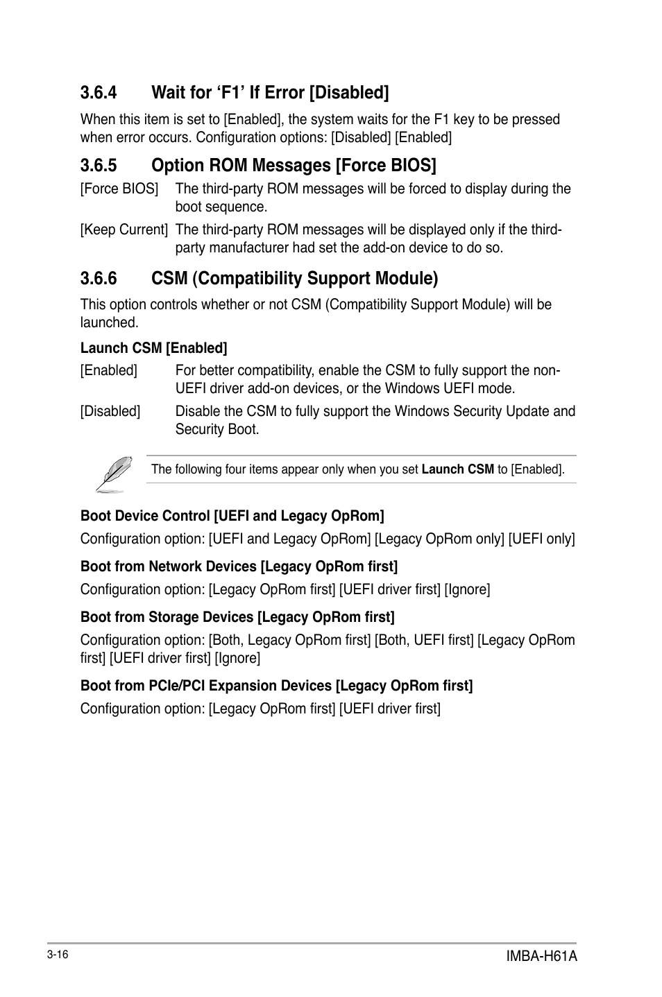 4 wait for ‘f1’ if error [disabled, 5 option rom messages [force bios, 6 csm (compatibility support module) | AAEON IMBA-H61A User Manual | Page 46 / 50