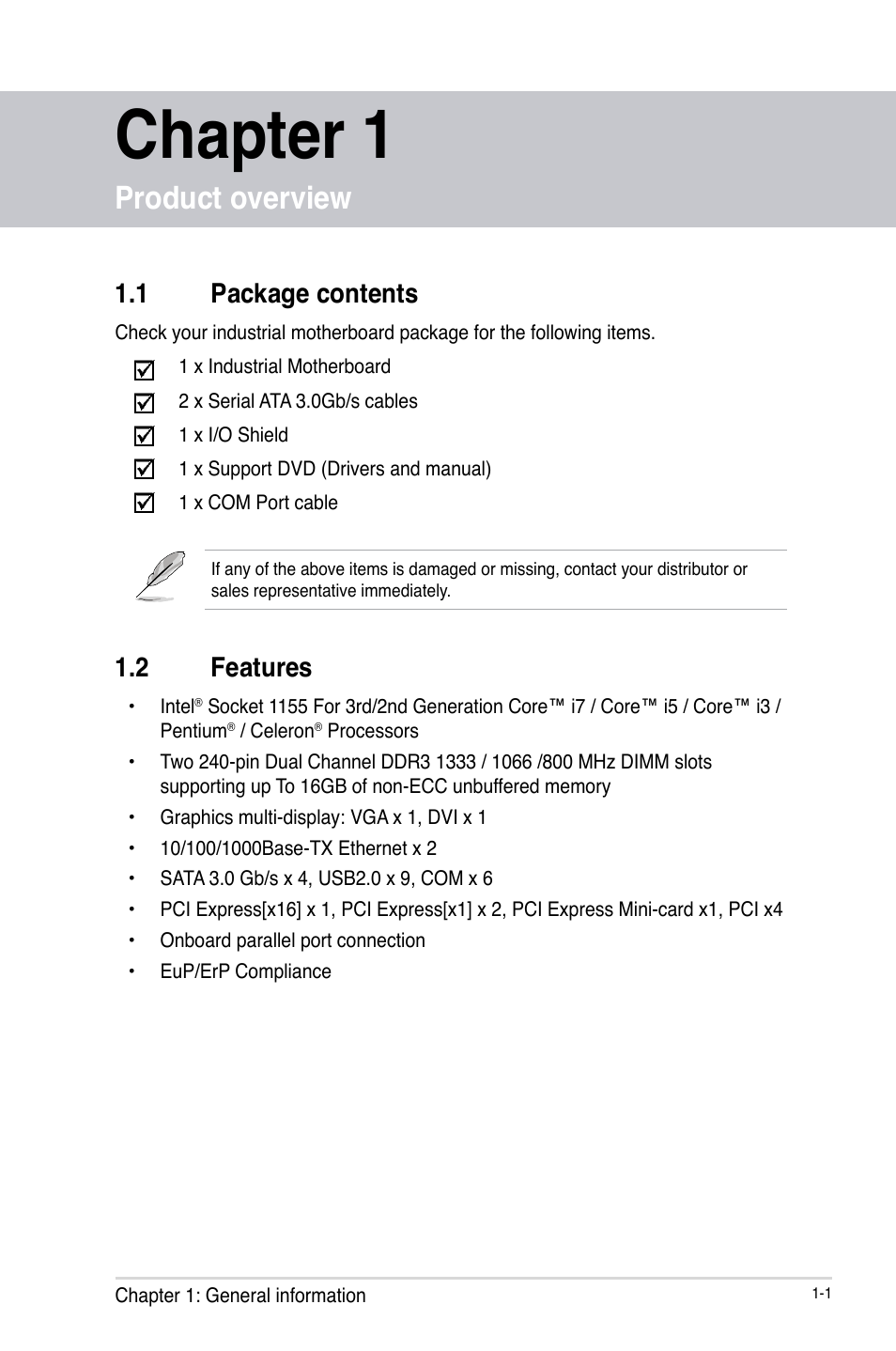 Chapter 1, Product overview, 1 package contents | 2 features | AAEON IMBA-H61A User Manual | Page 5 / 50