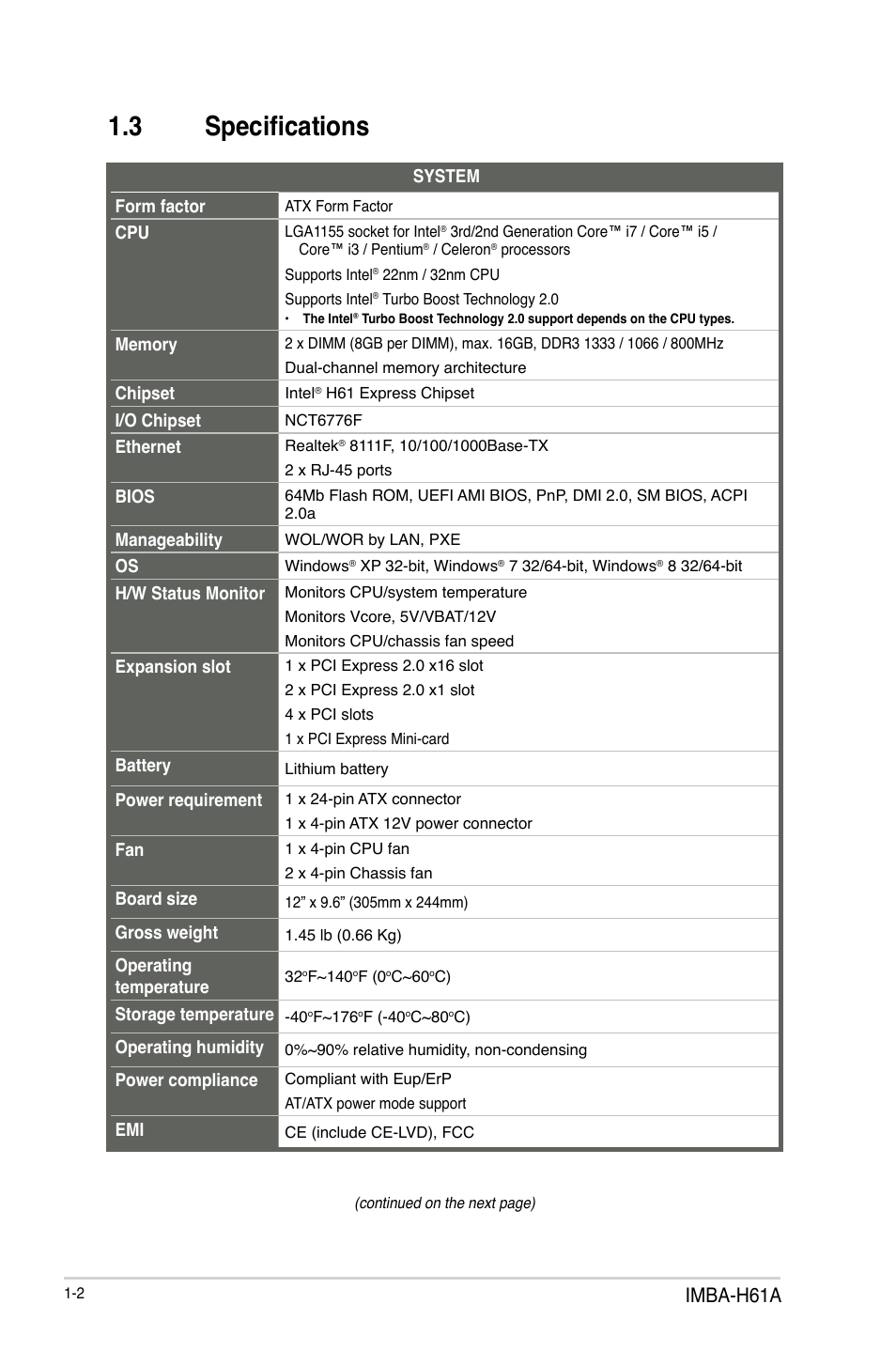 3 specifications, Imba-h61a | AAEON IMBA-H61A User Manual | Page 6 / 50