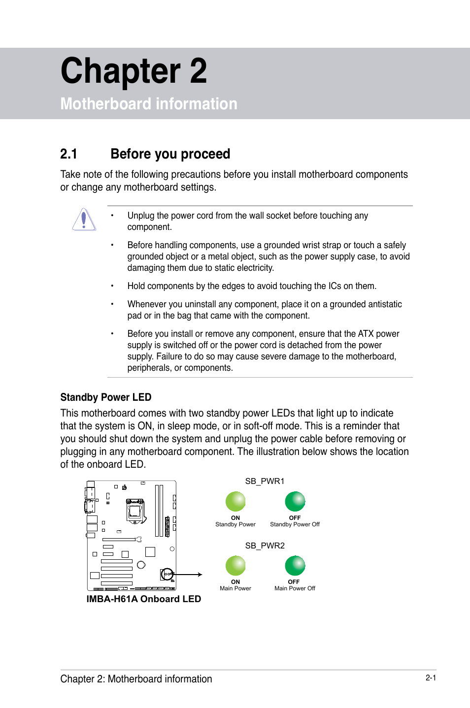 Chapter 2, Motherboard information, 1 before you proceed | AAEON IMBA-H61A User Manual | Page 9 / 50