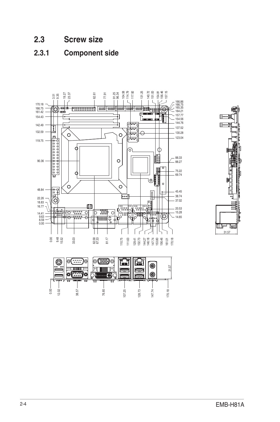 3 screw size, 1 component side, Screw size -4 2.3.1 | Component side -4, Emb-h81a | AAEON EMB-H81A User Manual | Page 12 / 51
