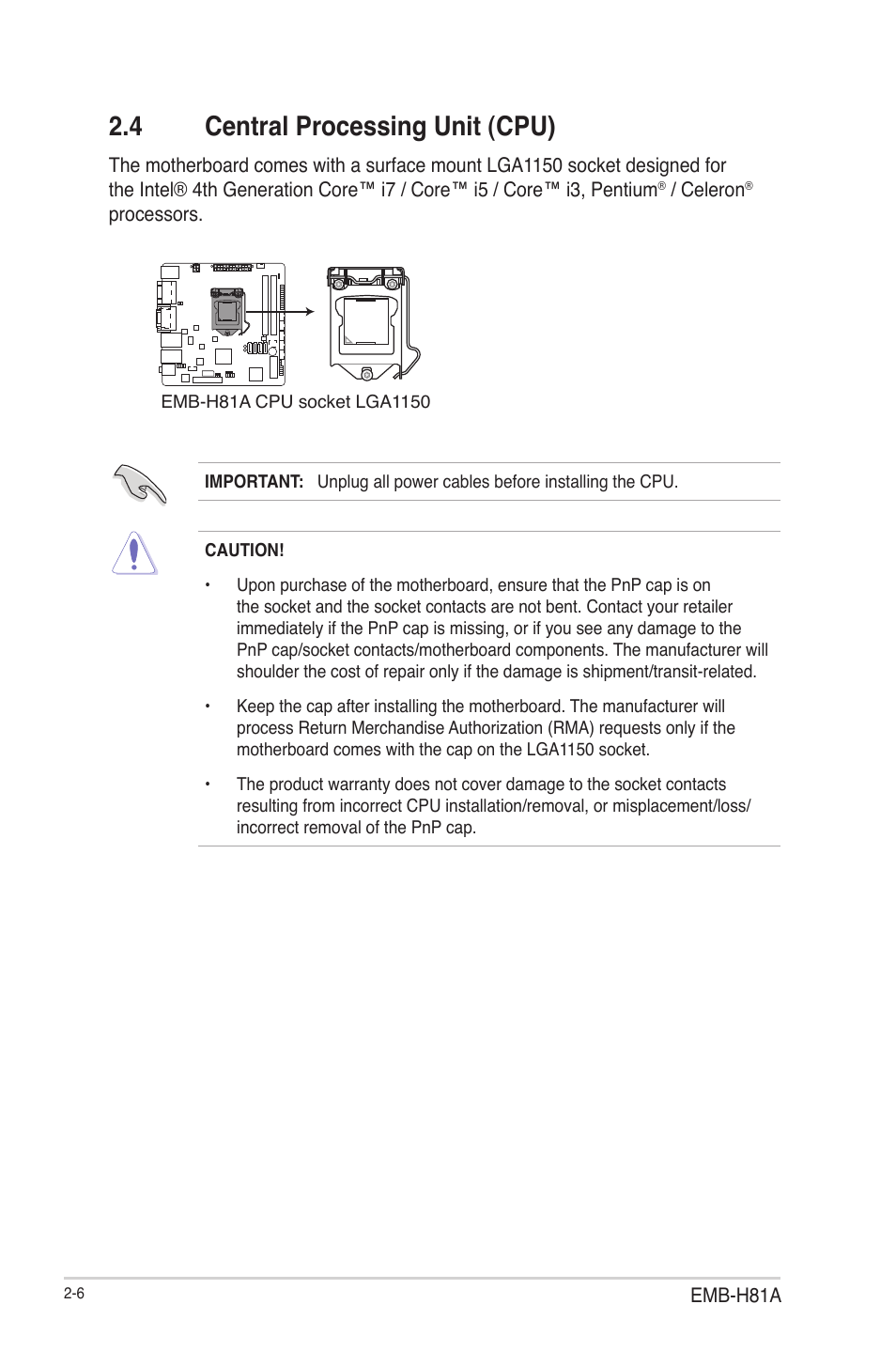 4 central processing unit (cpu), Central processing unit (cpu) -6 | AAEON EMB-H81A User Manual | Page 14 / 51