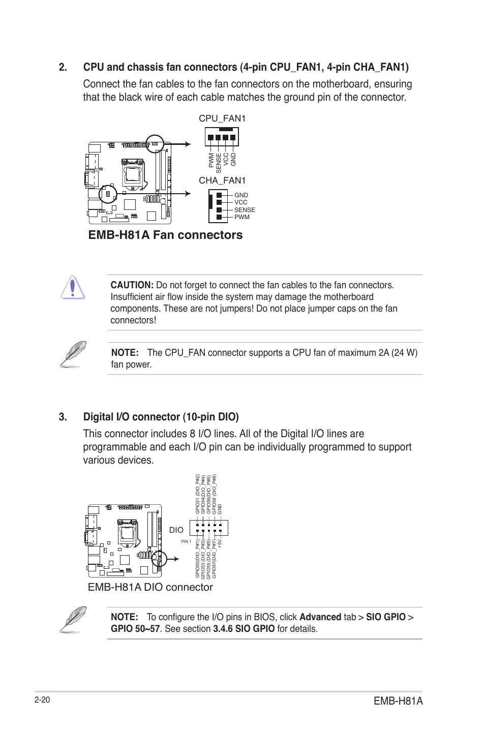 Emb-h81a fan connectors, Emb-h81a, Emb-h81a dio connector | AAEON EMB-H81A User Manual | Page 28 / 51