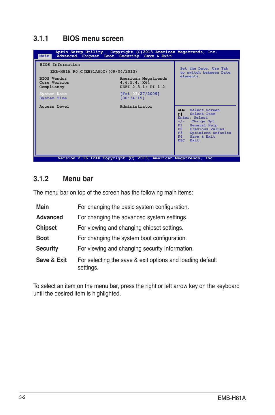 1 bios menu screen, 2 menu bar, Bios menu screen -2 | Menu bar -2, Emb-h81a | AAEON EMB-H81A User Manual | Page 35 / 51