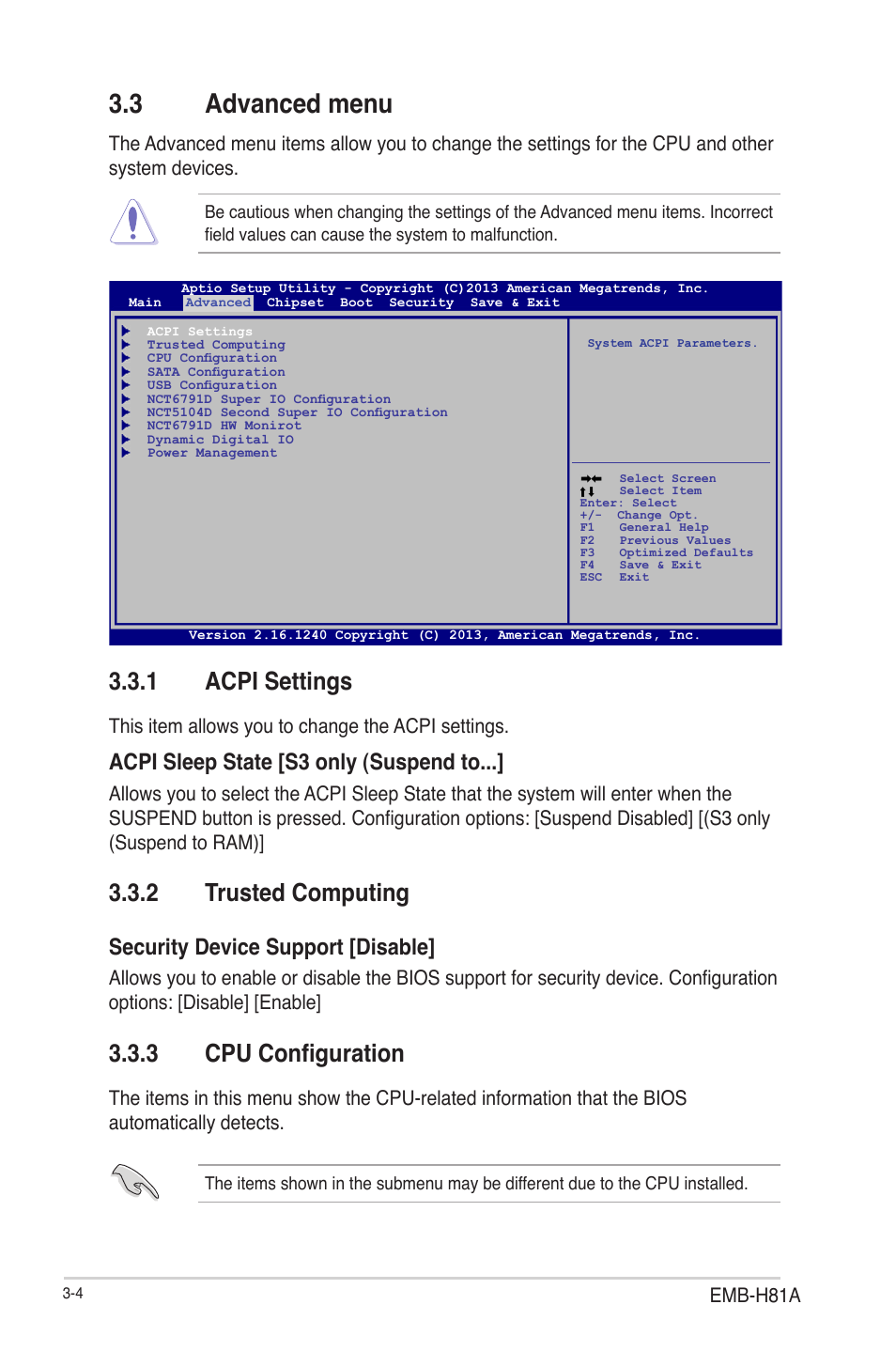3 advanced menu, 1 acpi settings, 2 trusted computing | 3 cpu configuration, Advanced menu -4 3.3.1, Acpi settings -4, Trusted computing -4, Cpu configuration -4, Acpi sleep state [s3 only (suspend to, Security device support [disable | AAEON EMB-H81A User Manual | Page 37 / 51