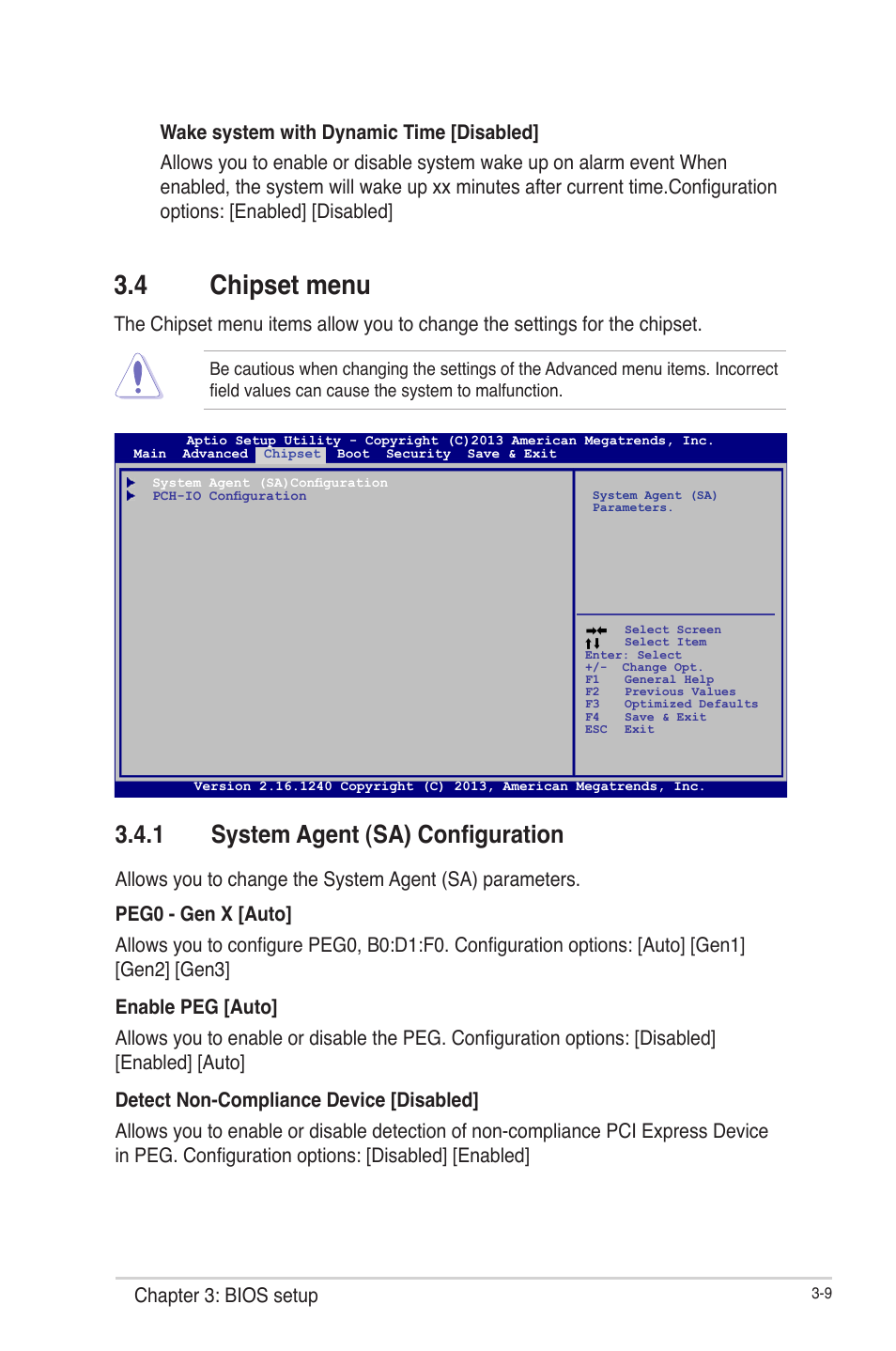 4 chipset menu, 1 system agent (sa) configuration, Chipset menu -9 3.4.1 | System agent (sa) configuration -9, Chapter 3: bios setup | AAEON EMB-H81A User Manual | Page 42 / 51