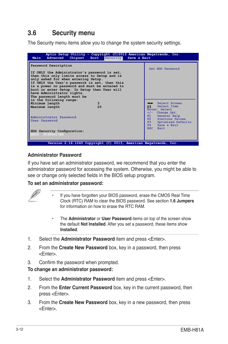 6 security menu, Security menu -12, Emb-h81a | AAEON EMB-H81A User Manual | Page 45 / 51
