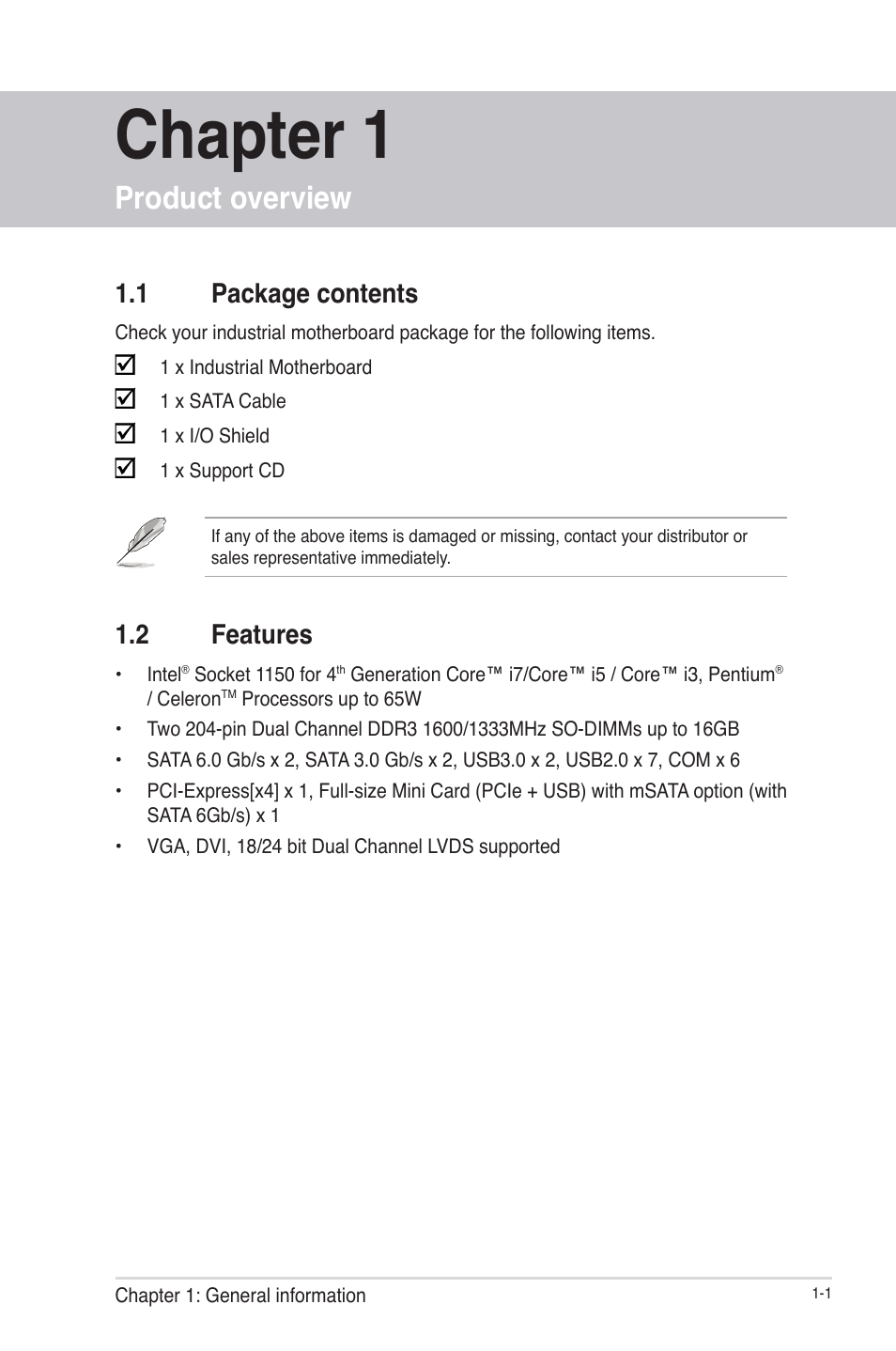 Chapter 1, Product overview, 1 package contents | 2 features, Package contents -1, Features -1 | AAEON EMB-H81A User Manual | Page 5 / 51