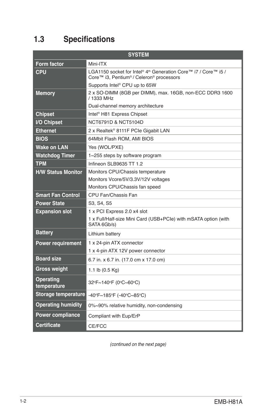 3 specifications, Specifications -2, Emb-h81a | AAEON EMB-H81A User Manual | Page 6 / 51