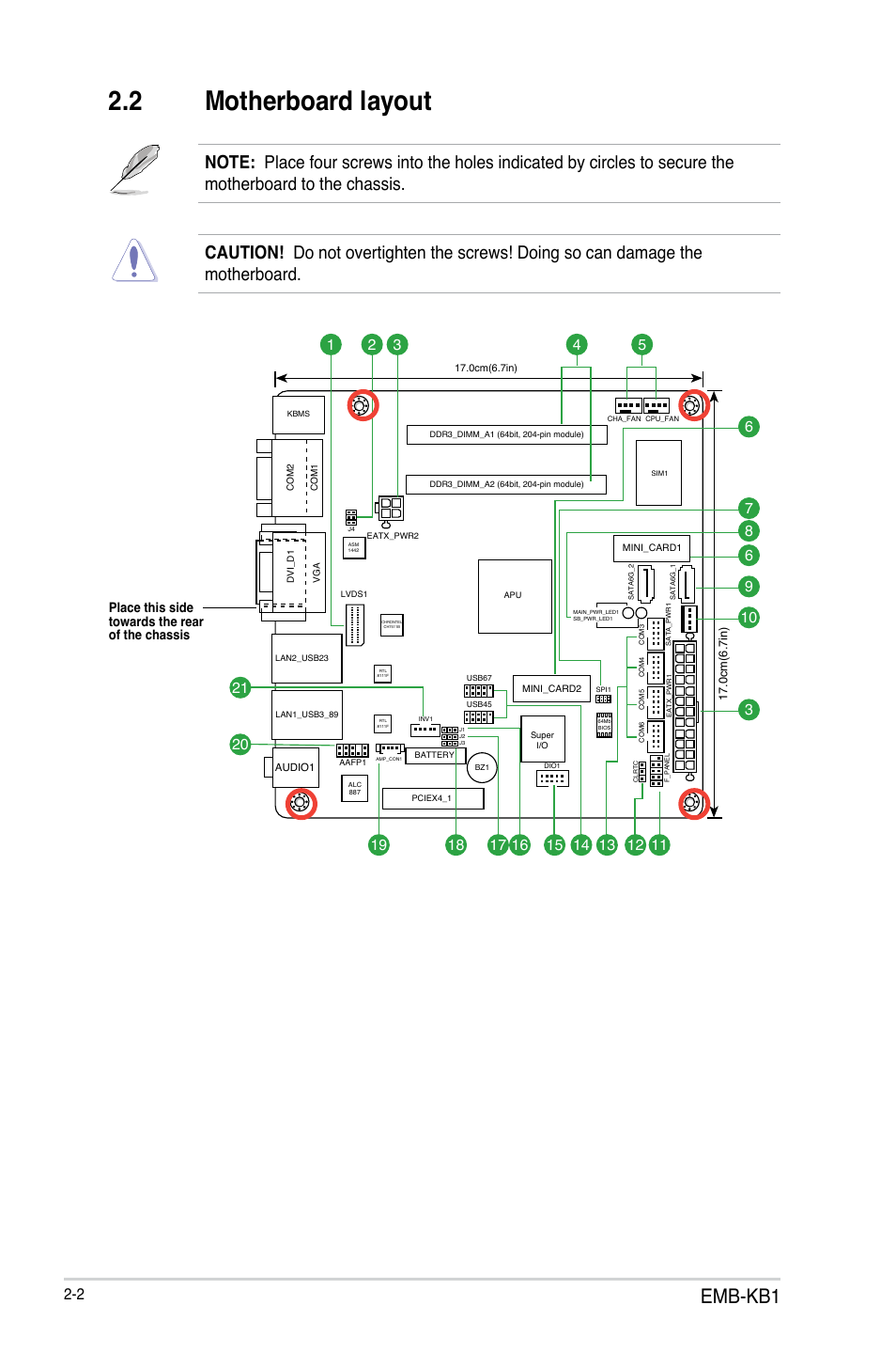 2 motherboard layout, Motherboard layout -2, Emb-kb1 | Place this side towards the rear of the chassis | AAEON EMB-KB1 User Manual | Page 10 / 44