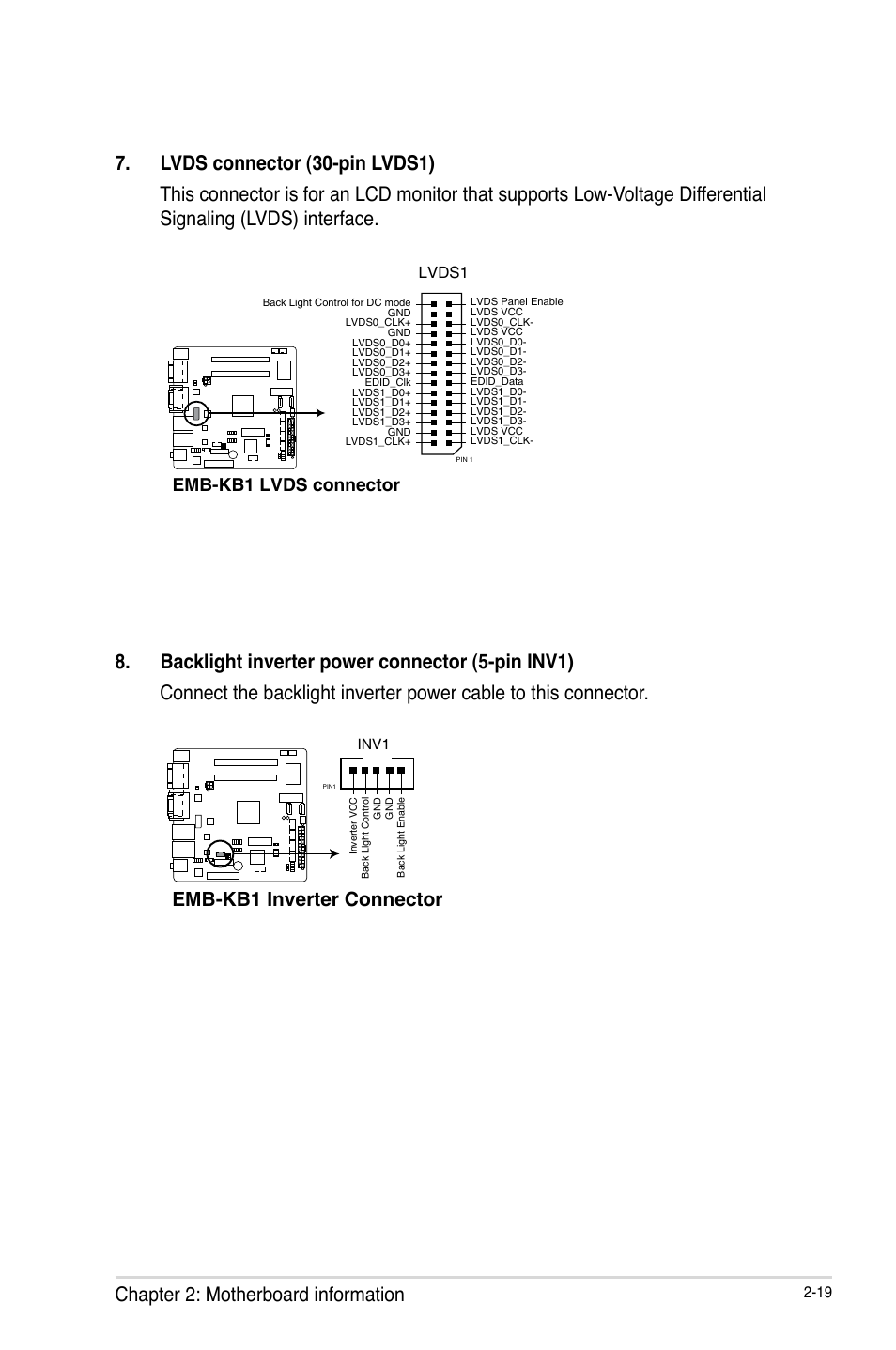 Chapter 2: motherboard information, Emb-kb1 inverter connector, Emb-kb1 lvds connector | AAEON EMB-KB1 User Manual | Page 27 / 44