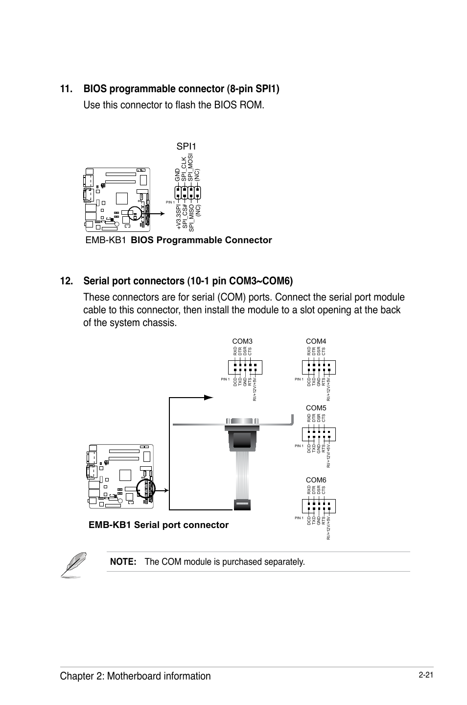 Chapter 2: motherboard information, Emb-kb1 bios programmable connector, Spi1 | Emb-kb1 serial port connector | AAEON EMB-KB1 User Manual | Page 29 / 44