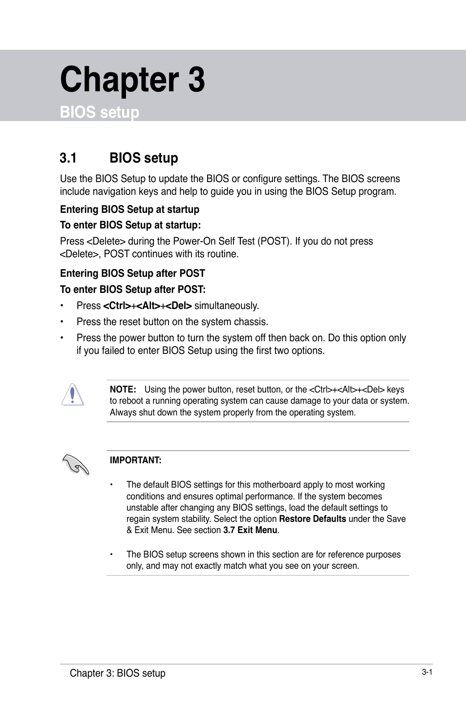 Chapter 3, Bios setup, 1 bios setup | Bios setup -1 | AAEON EMB-KB1 User Manual | Page 31 / 44