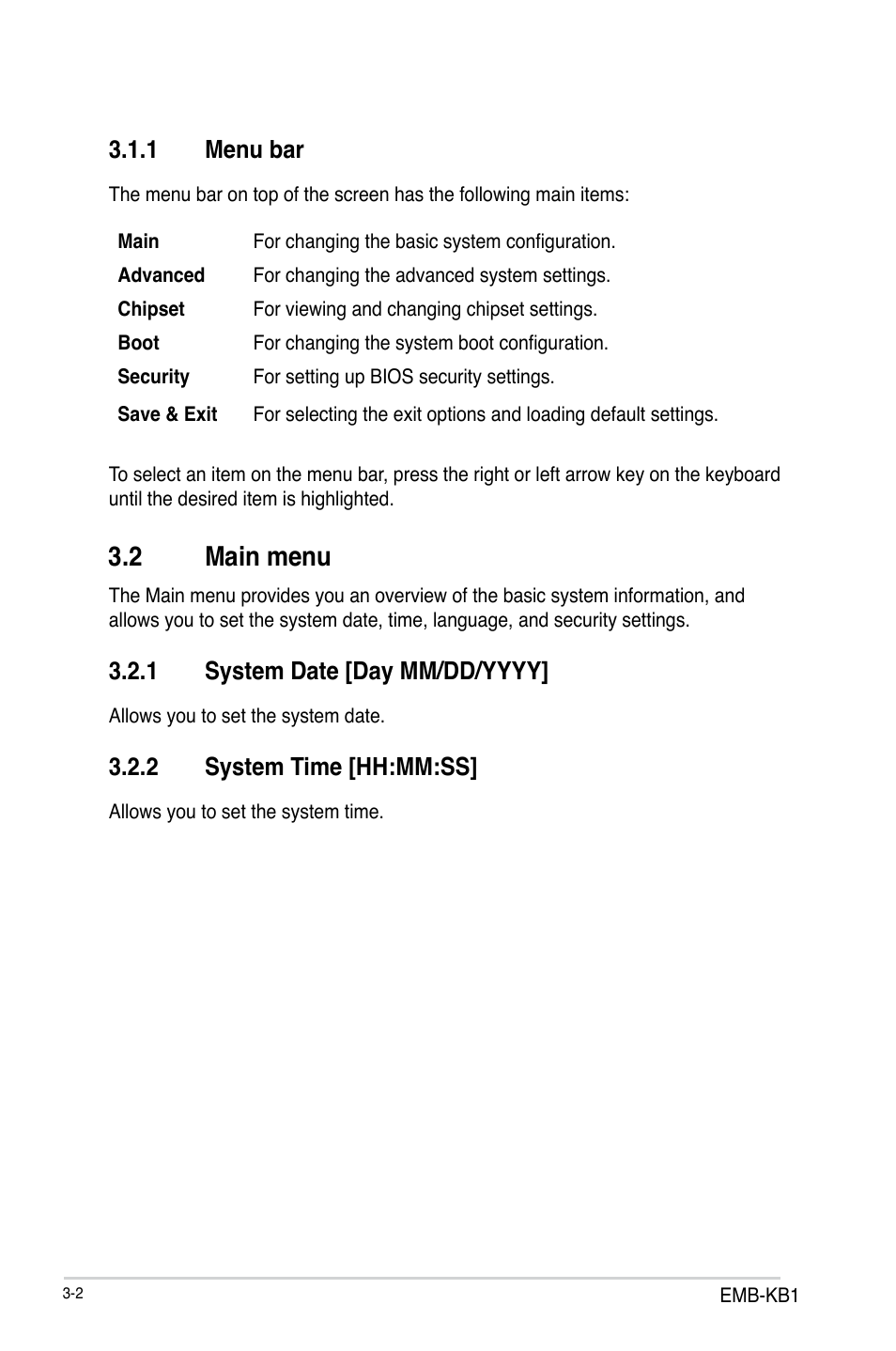 2 main menu, Main menu -2, 1 menu bar | 2 system time [hh:mm:ss | AAEON EMB-KB1 User Manual | Page 32 / 44