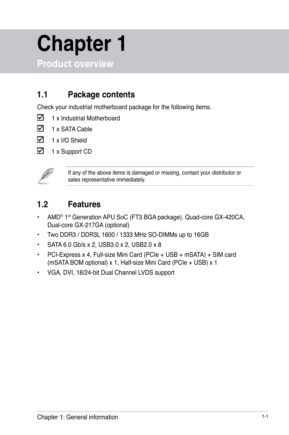 Chapter 1, Product overview, 1 package contents | 2 features, Package contents -1, Features -1 | AAEON EMB-KB1 User Manual | Page 5 / 44