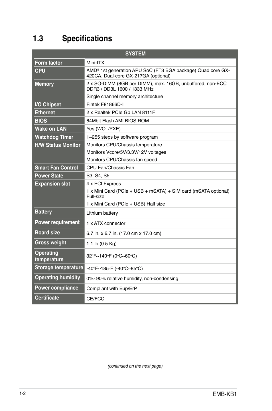 3 specifications, Specifications -2, Emb-kb1 | AAEON EMB-KB1 User Manual | Page 6 / 44