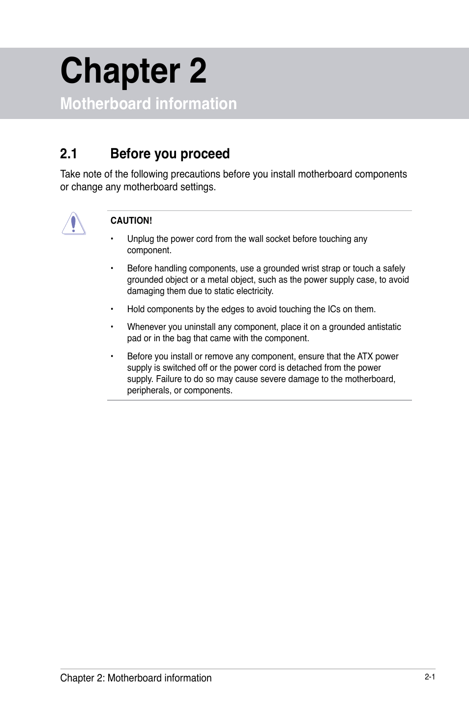 Chapter 2, Motherboard information, 1 before you proceed | Before you proceed -1 | AAEON EMB-KB1 User Manual | Page 9 / 44