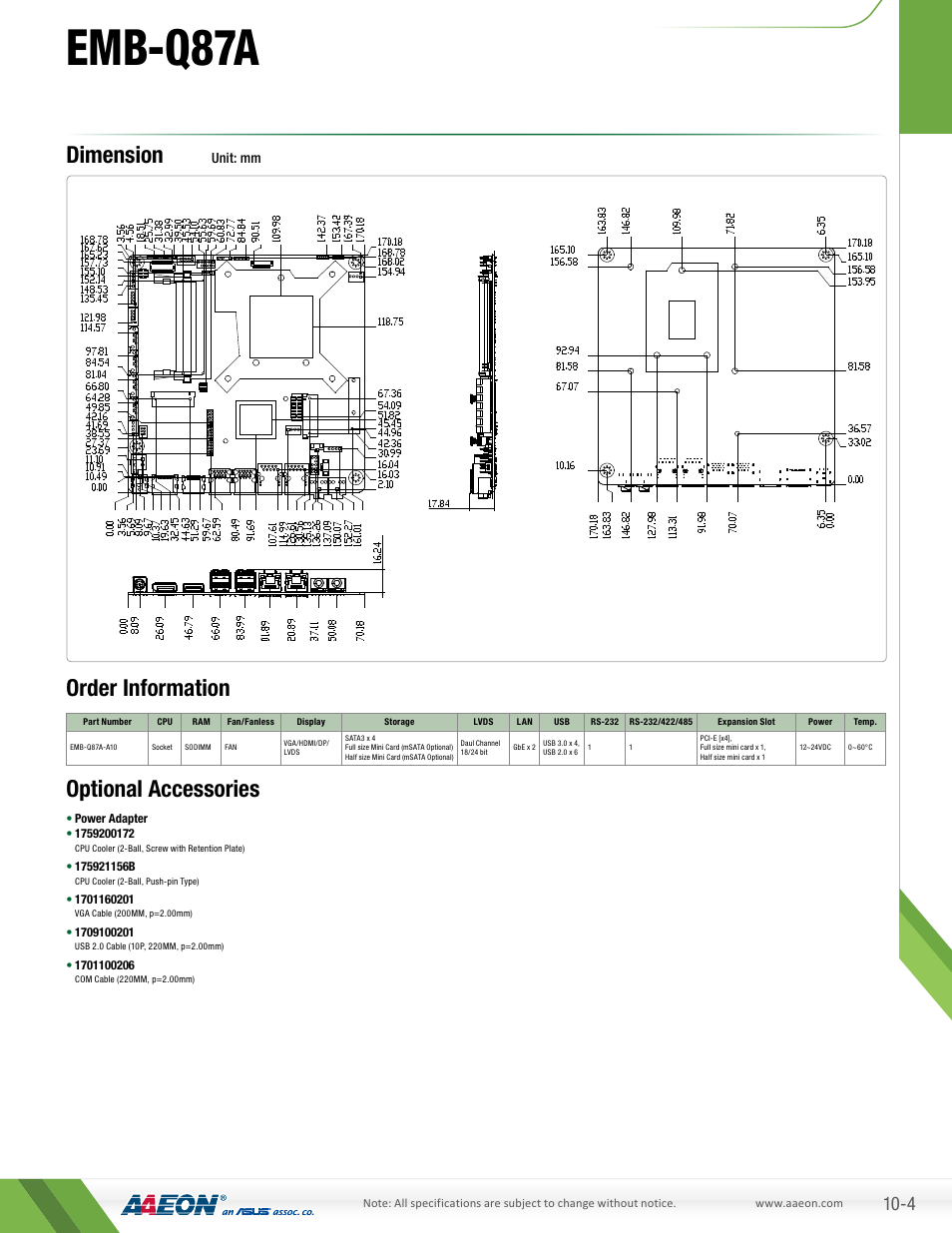 Emb-q87a, Dimension, Order information optional accessories | AAEON EMB-Q87A User Manual | Page 2 / 2