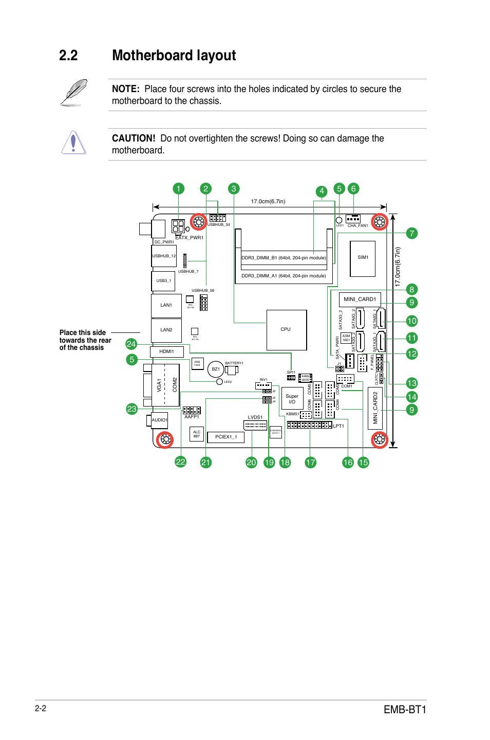 2 motherboard layout, Motherboard layout -2, Emb-bt1 | Place this side towards the rear of the chassis | AAEON EMB-BT1 User Manual | Page 10 / 58