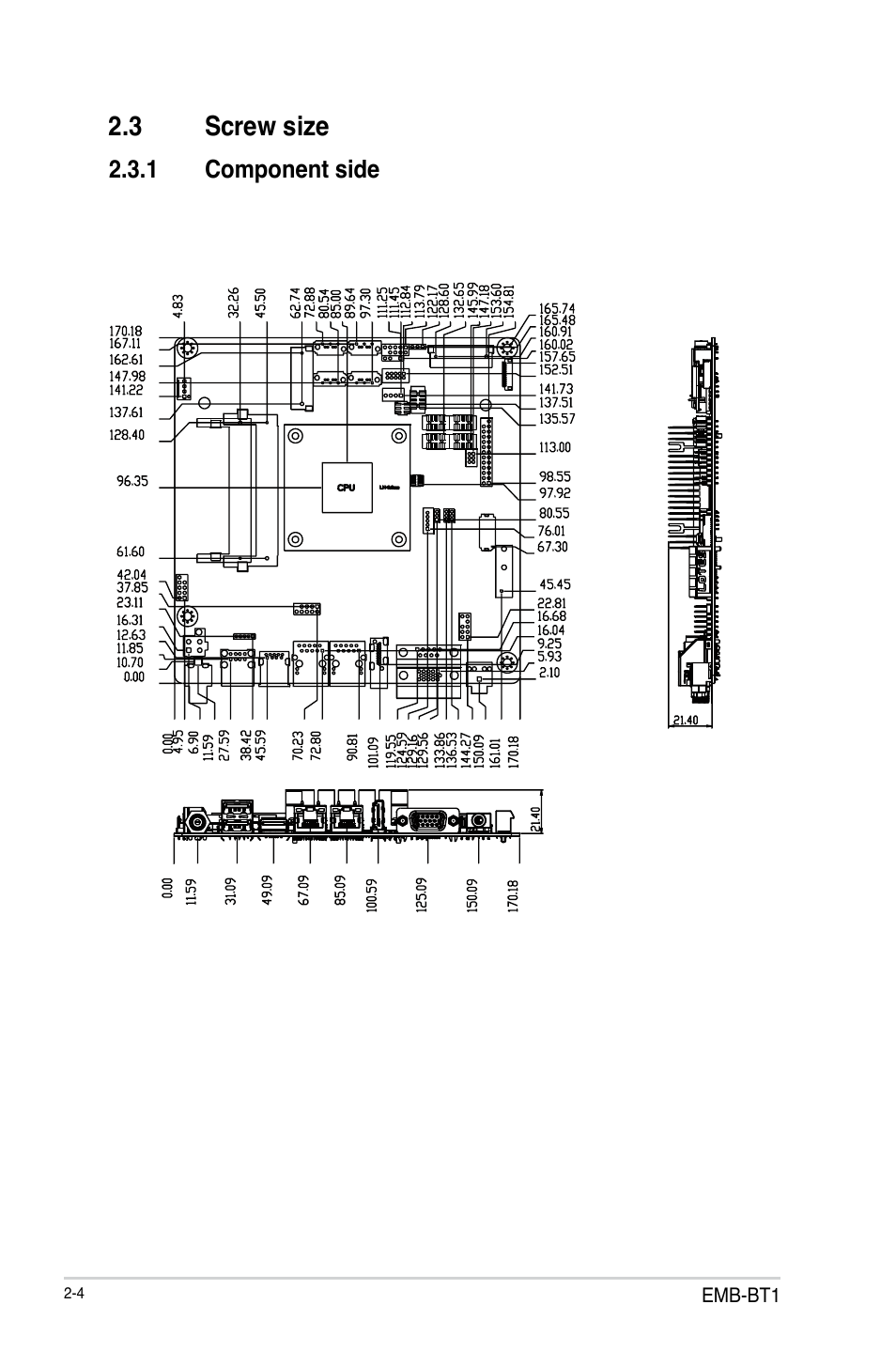 3 screw size, 1 component side, Screw size -4 2.3.1 | Component side -4 | AAEON EMB-BT1 User Manual | Page 12 / 58