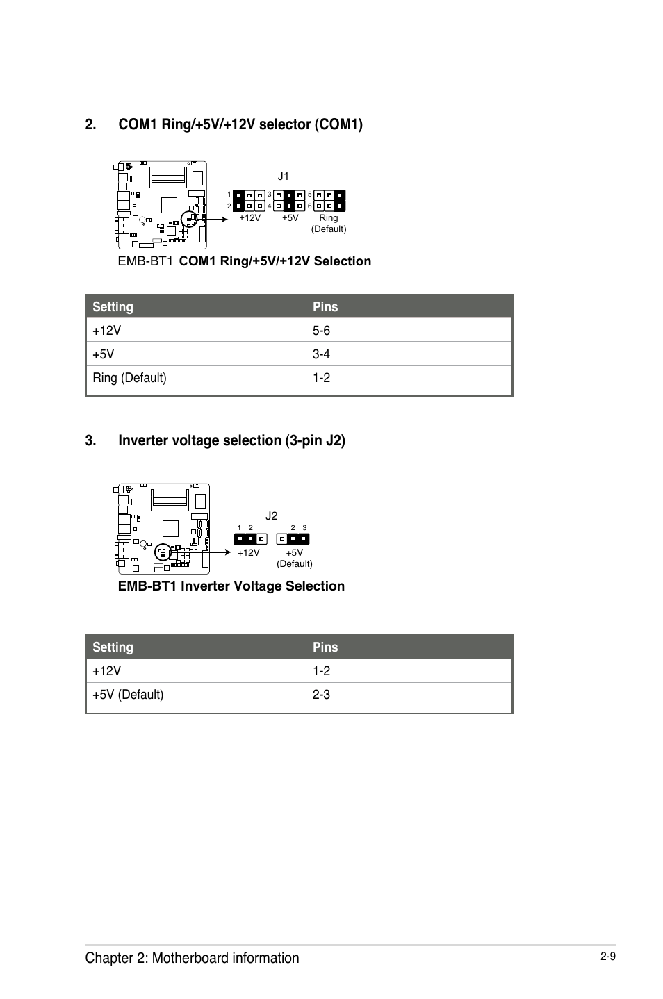 Chapter 2: motherboard information, Inverter voltage selection (3-pin j2) | AAEON EMB-BT1 User Manual | Page 17 / 58