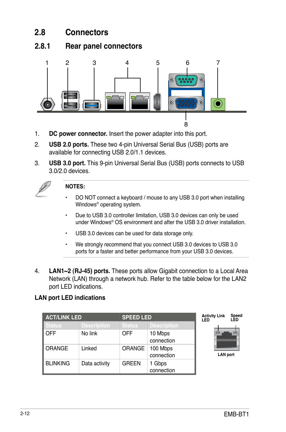8 connectors, 1 rear panel connectors, Connectors -12 2.8.1 | Rear panel connectors -12 | AAEON EMB-BT1 User Manual | Page 20 / 58