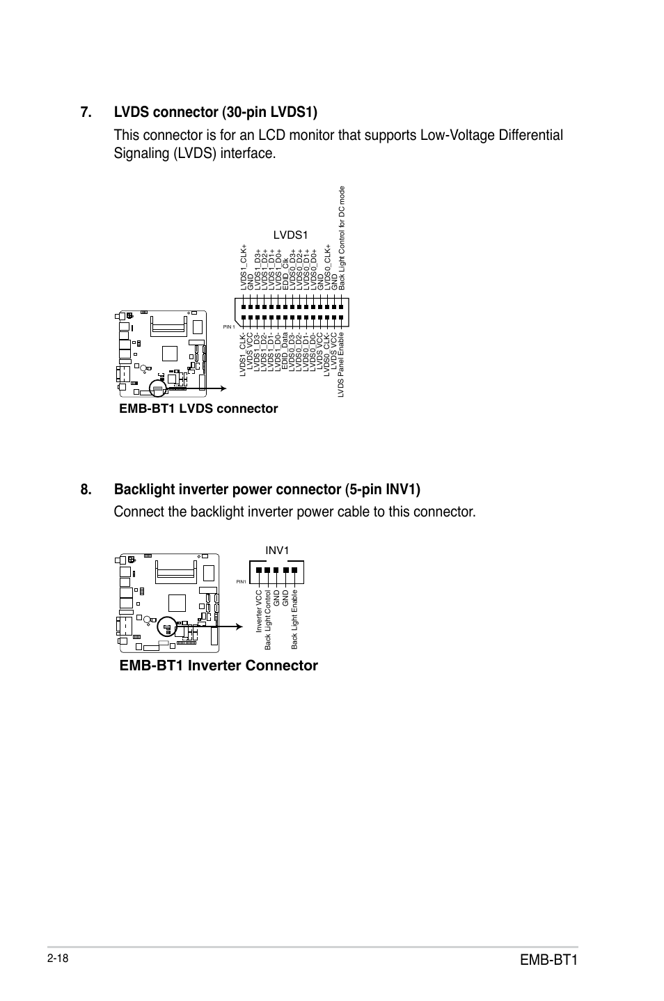 Emb-bt1, Emb-bt1 inverter connector, Emb-bt1 lvds connector | AAEON EMB-BT1 User Manual | Page 26 / 58
