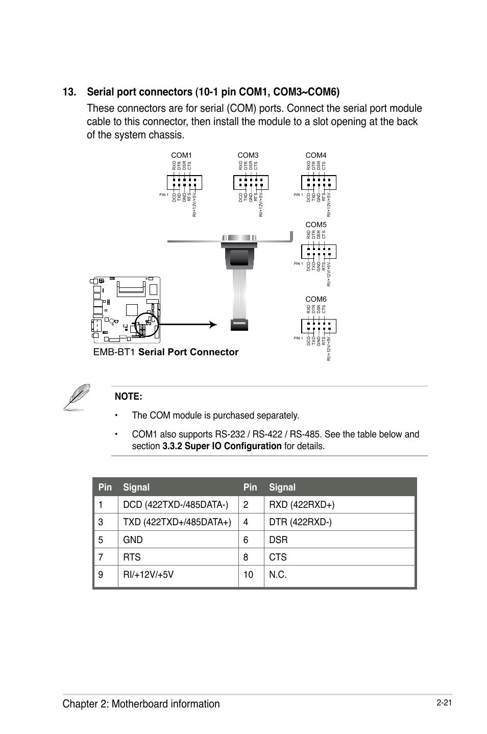 Emb-bt1 serial port connector, Pin signal | AAEON EMB-BT1 User Manual | Page 29 / 58
