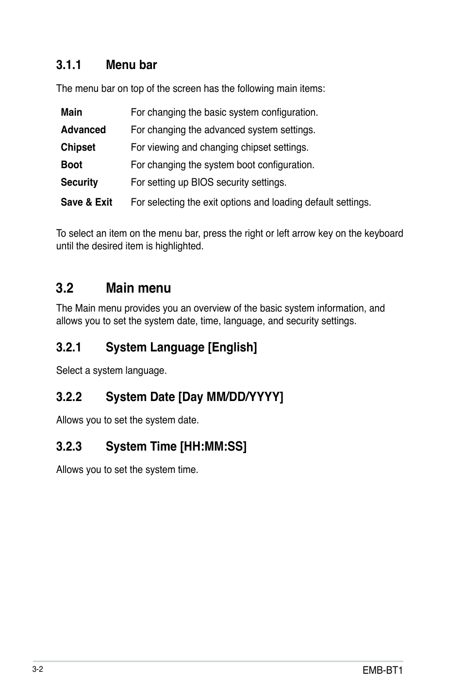 1 menu bar, 2 main menu, 1 system language [english | 2 system date [day mm/dd/yyyy, 3 system time [hh:mm:ss, Menu bar -2, Main menu -2 3.2.1, System language [english] -2, System date [day mm/dd/yyyy] -2, System time [hh:mm:ss] -2 | AAEON EMB-BT1 User Manual | Page 34 / 58