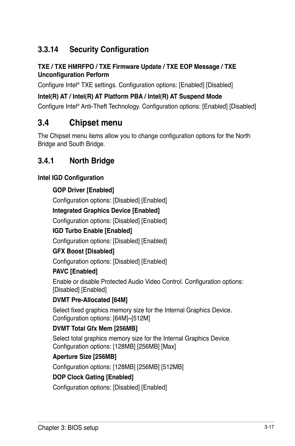 14 security configuration, 4 chipset menu, 1 north bridge | 14 security configuration -17, Chipset menu -17 3.4.1, North bridge -17 | AAEON EMB-BT1 User Manual | Page 49 / 58